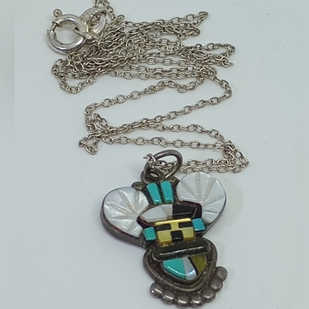 *vintage antique Zuni Cachini sterling silver stone inlay necklace